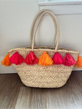 Colorful Tassel Straw Beach Tote Bag Woven Natural Raffia Summer Market Shopper